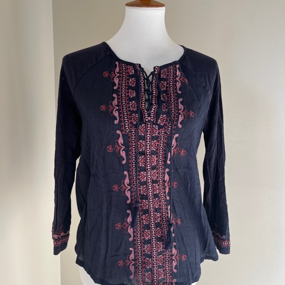 Lucky Brand Navy Top with Pink Embroidery
